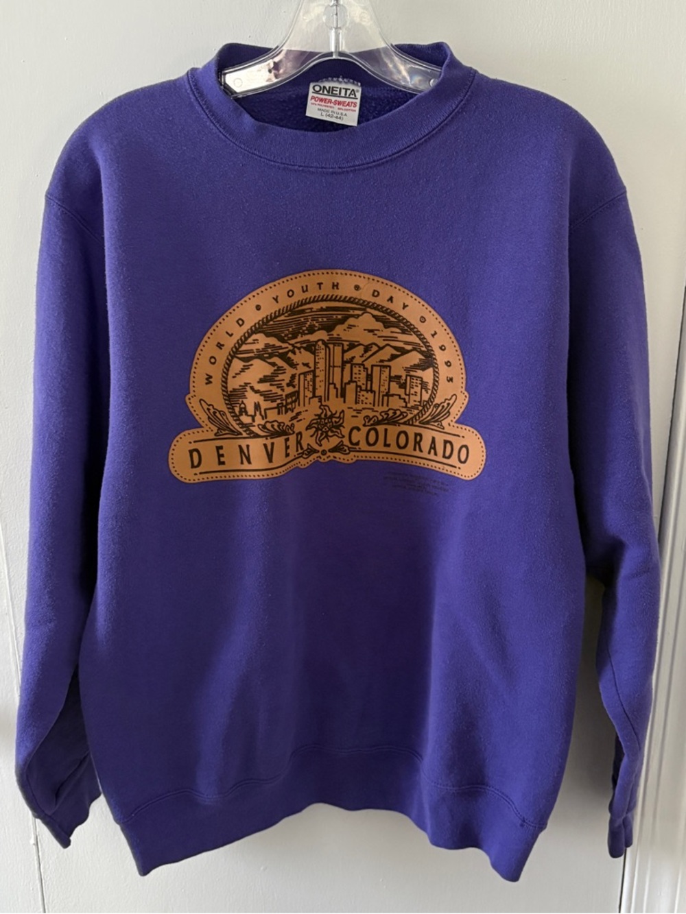 Oneita Vintage 1993 Denver Colorado World Youth Day Sweatshirt Unisex Purple L